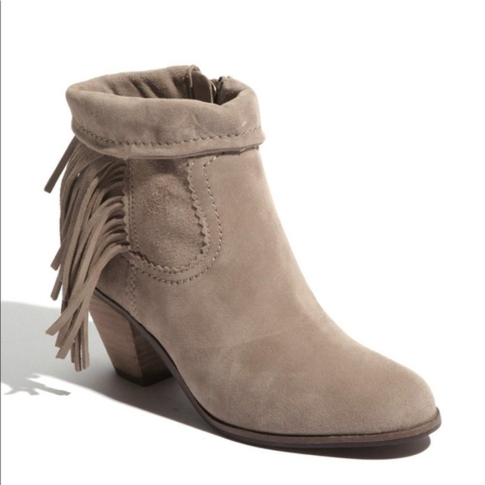 Sam Edelman “Louie” taupe suede fringe ankle boot